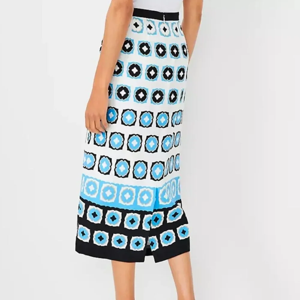 Ann Taylor Cerulean Blue Geometric Tile Print Midi Pencil Skirt Blk Wh Career 4P